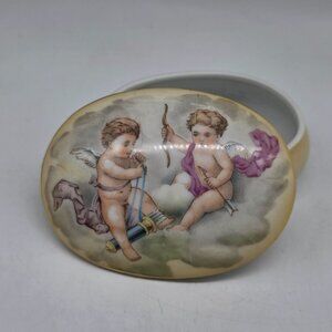 Vintage RS Prussia Porcelain Trinket Box With Cherub Design Oval 4.75"x3.5"